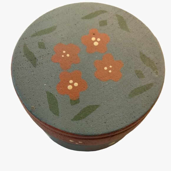 Floral Wooden Trinket Box Blue Hand Painted Tole Pennsylvania Dutch - Picture 2 of 8